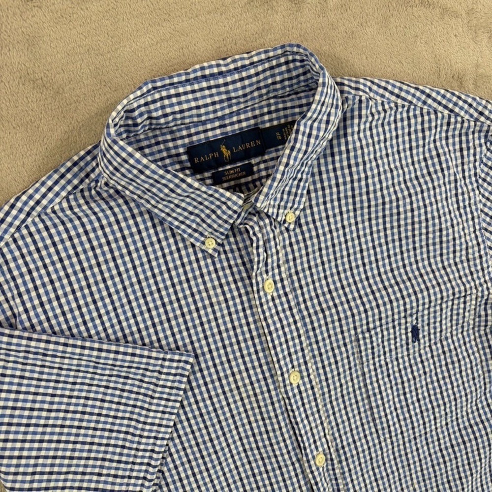 Polo Ralph Lauren Slim Fit Seersucker Shirt in Blue‎ Gingham Check Men XL Pony